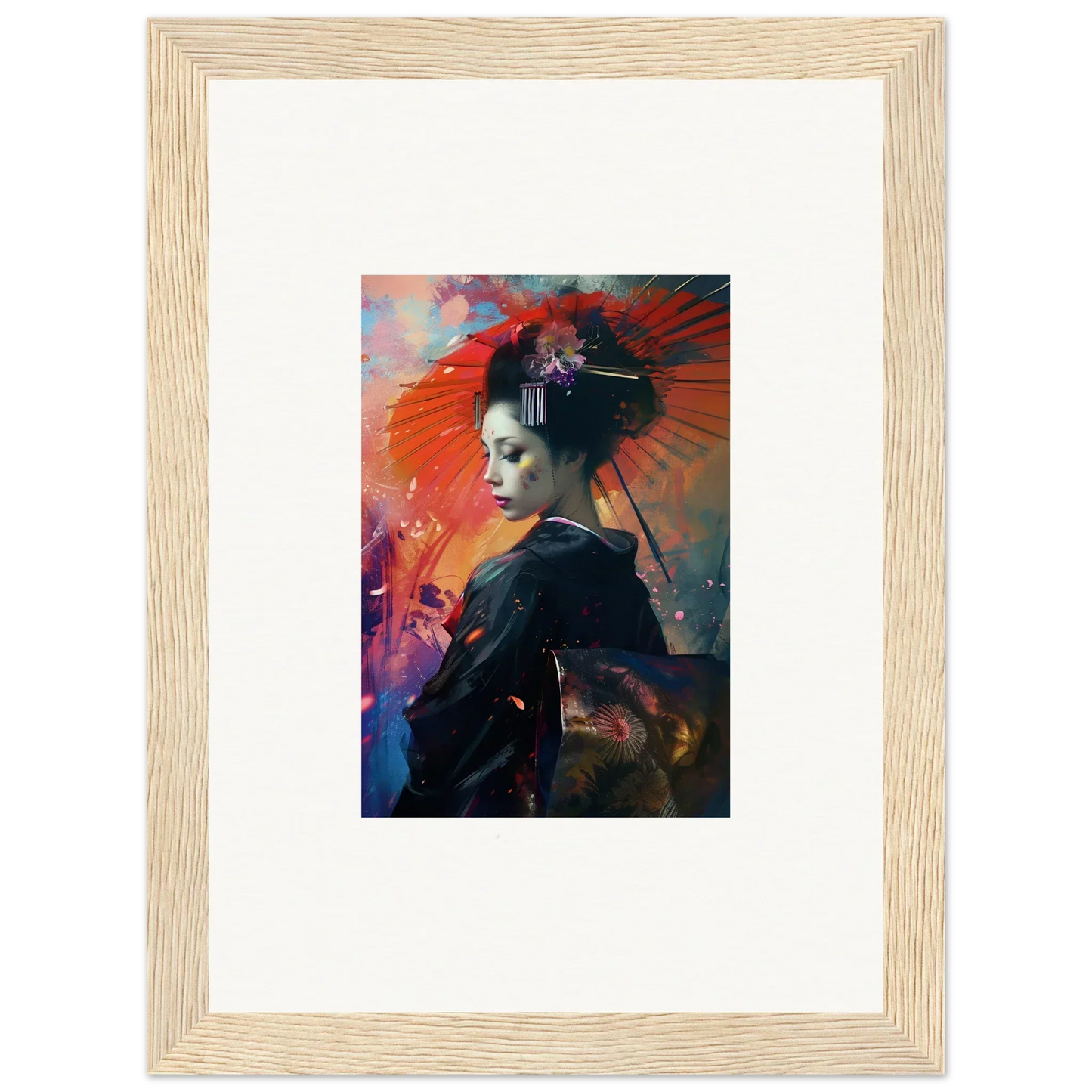 Framed canvas print of a geisha with a red parasol, perfect for umbrella dreams room decoration