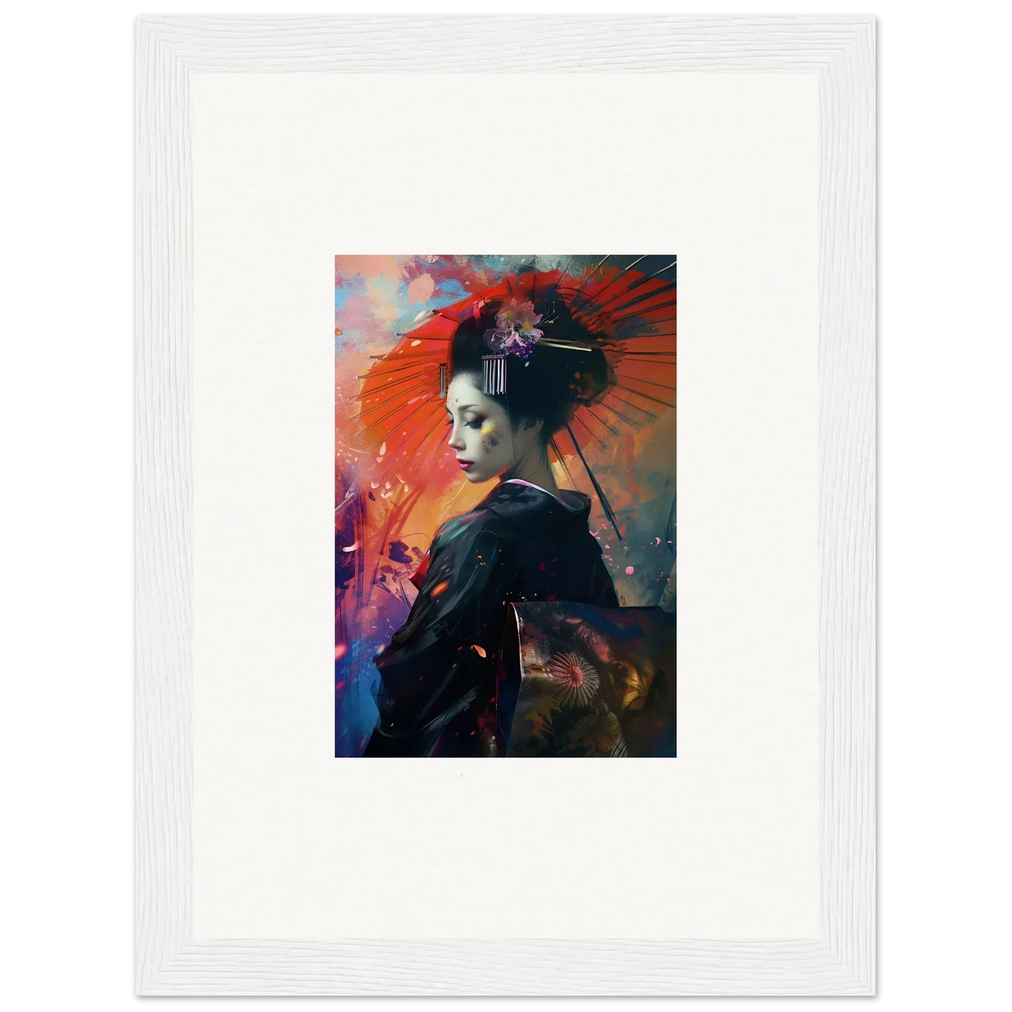 Framed canvas print of a geisha under a red parasol for vibrant room decoration