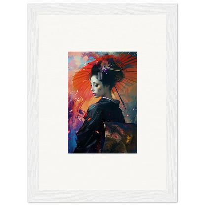 Framed canvas print of a geisha under a red parasol for vibrant room decoration