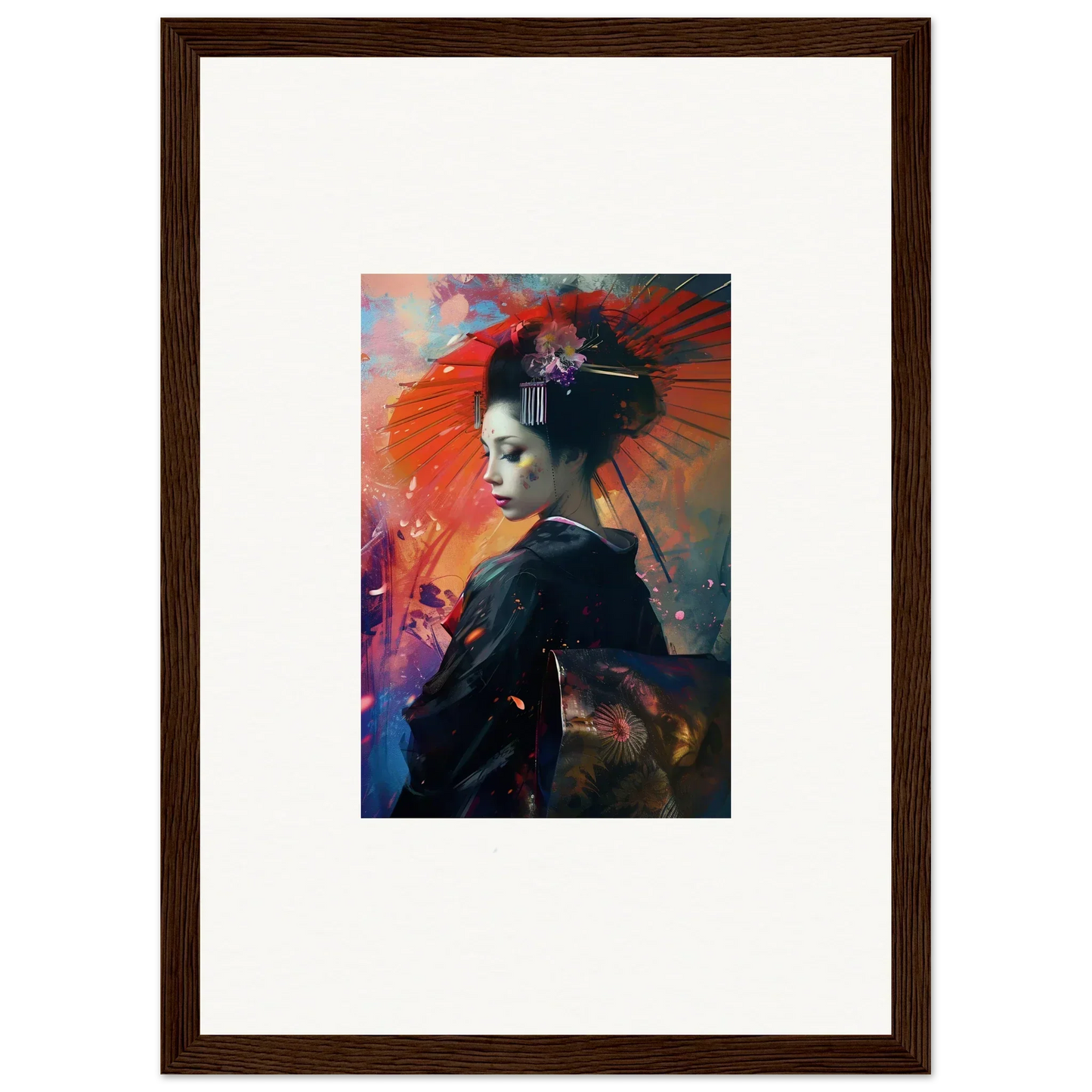 Framed canvas print of a colorful geisha for your umbrella dreams room decoration