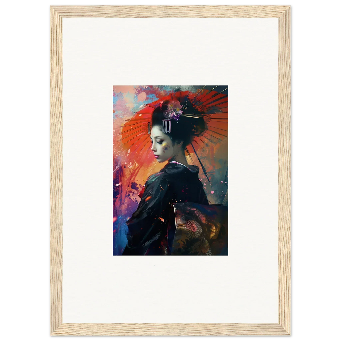 Framed canvas print of a geisha with a red parasol for vibrant room decoration