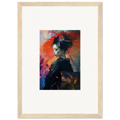 Framed canvas print of a geisha with a red parasol for vibrant room decoration