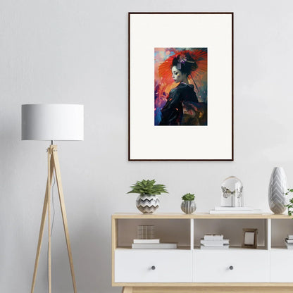 Framed canvas print of a woman in a hat for stylish room decoration with umbrella dreams