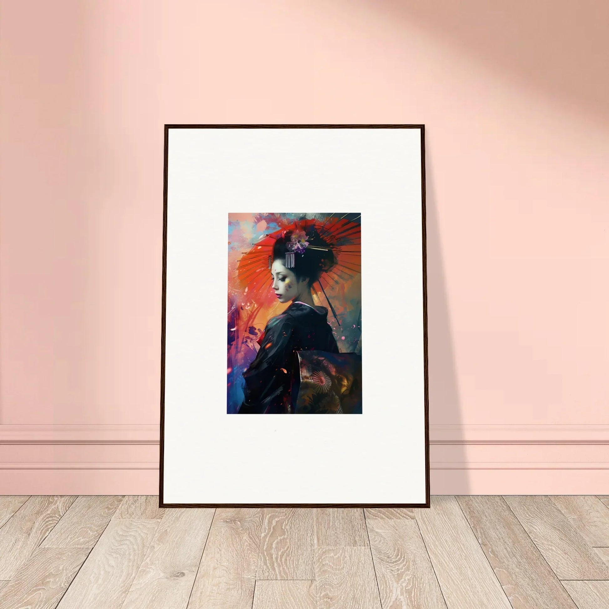 Colorful abstract geisha portrait canvas print for vibrant room decoration, Umbrella Dreams