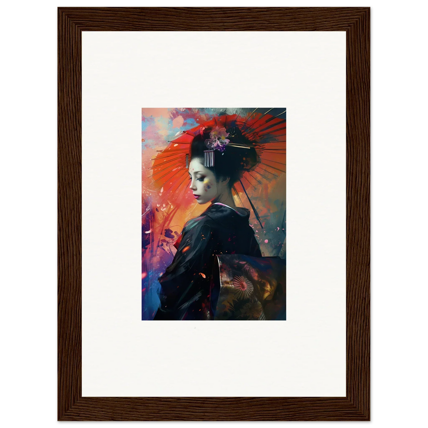 Framed canvas print of a geisha with a red parasol, perfect for room decoration