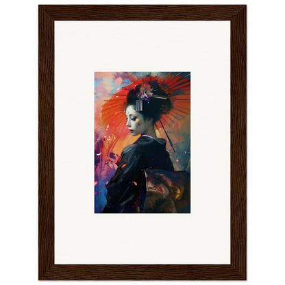 Framed canvas print of a geisha with a red parasol, perfect for room decoration