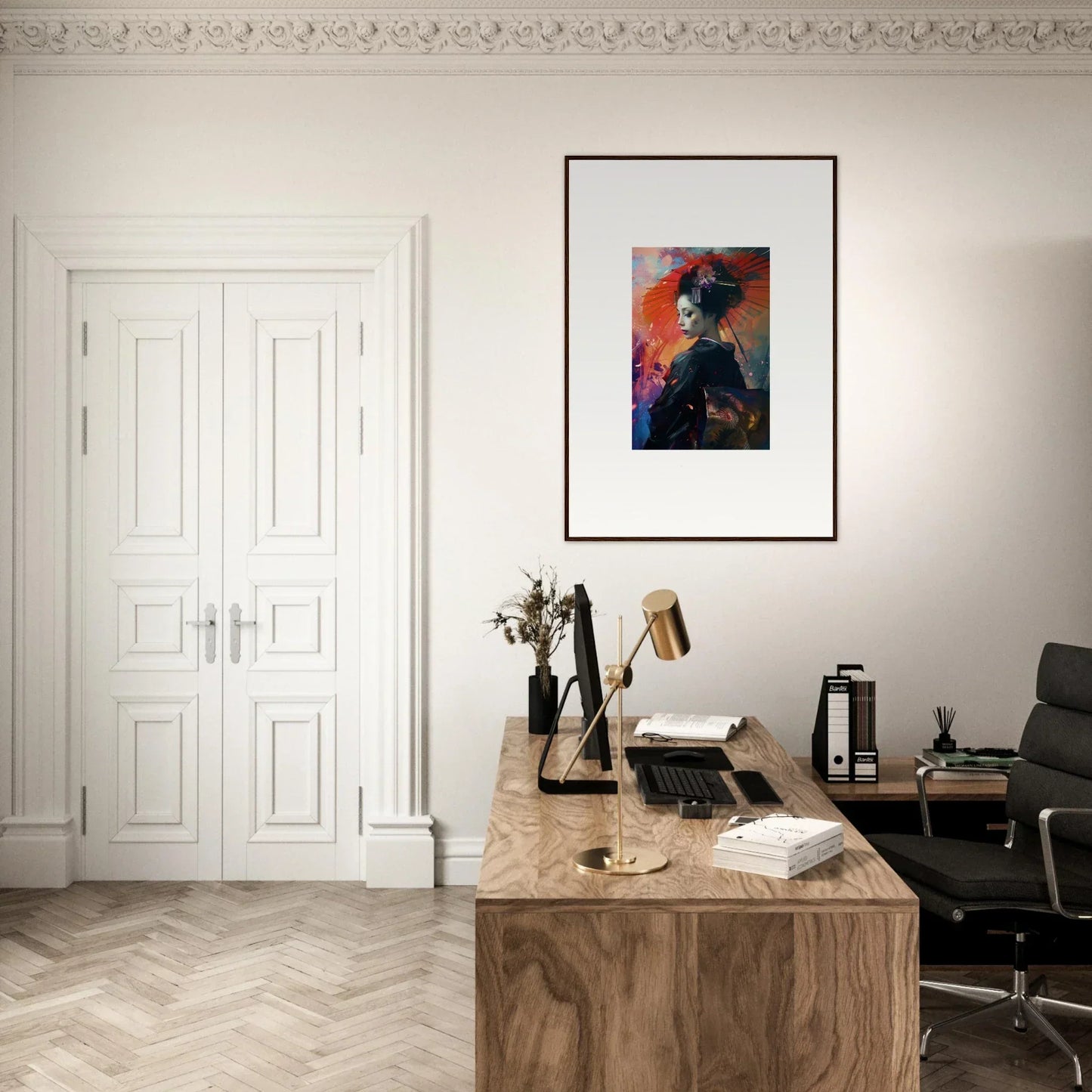 Home office workspace featuring a wooden desk, chair, and vibrant canvas print decor