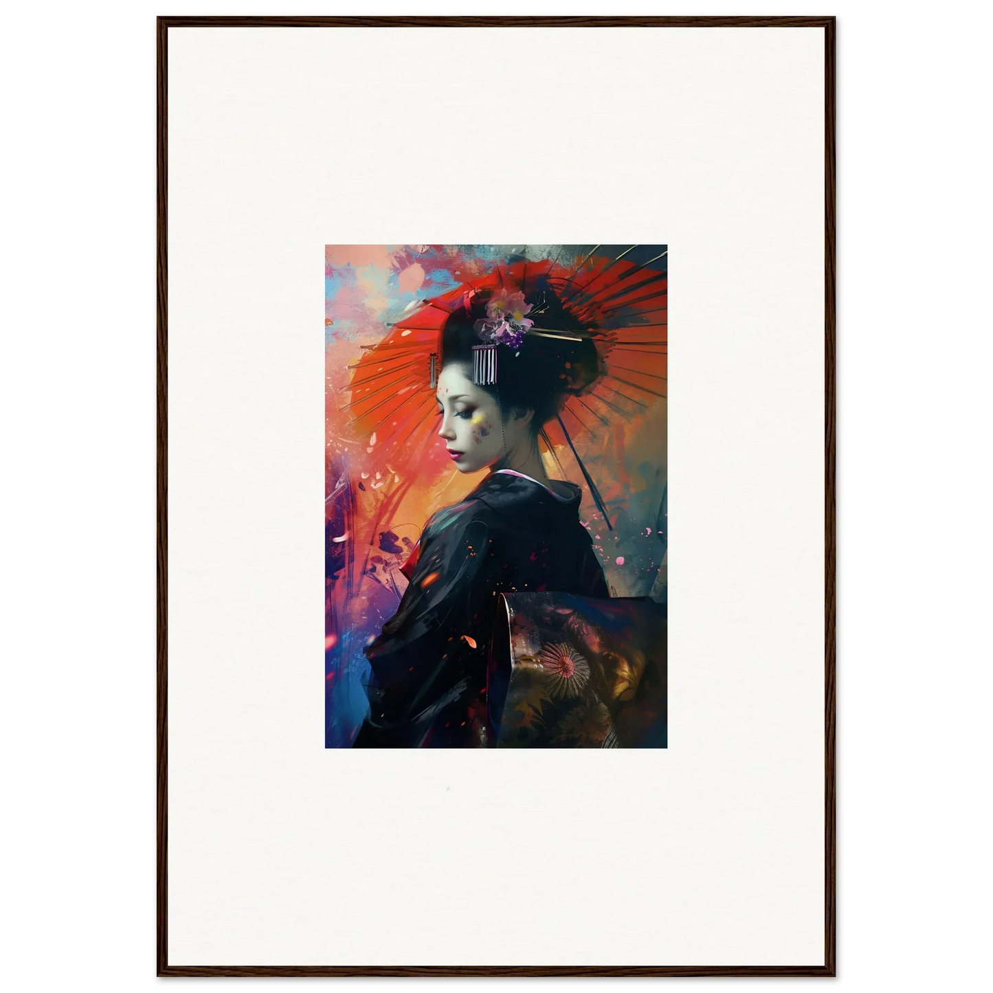 Framed canvas print of a geisha with a red parasol for vibrant room decoration