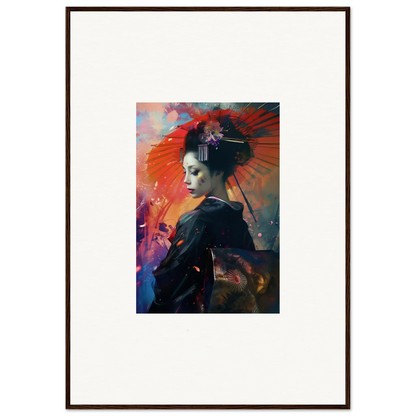 Framed canvas print of a geisha with a red parasol for vibrant room decoration