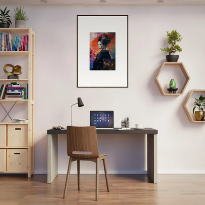 Modern home office with decorative wall elements and a canvas print of Umbrella Dreams