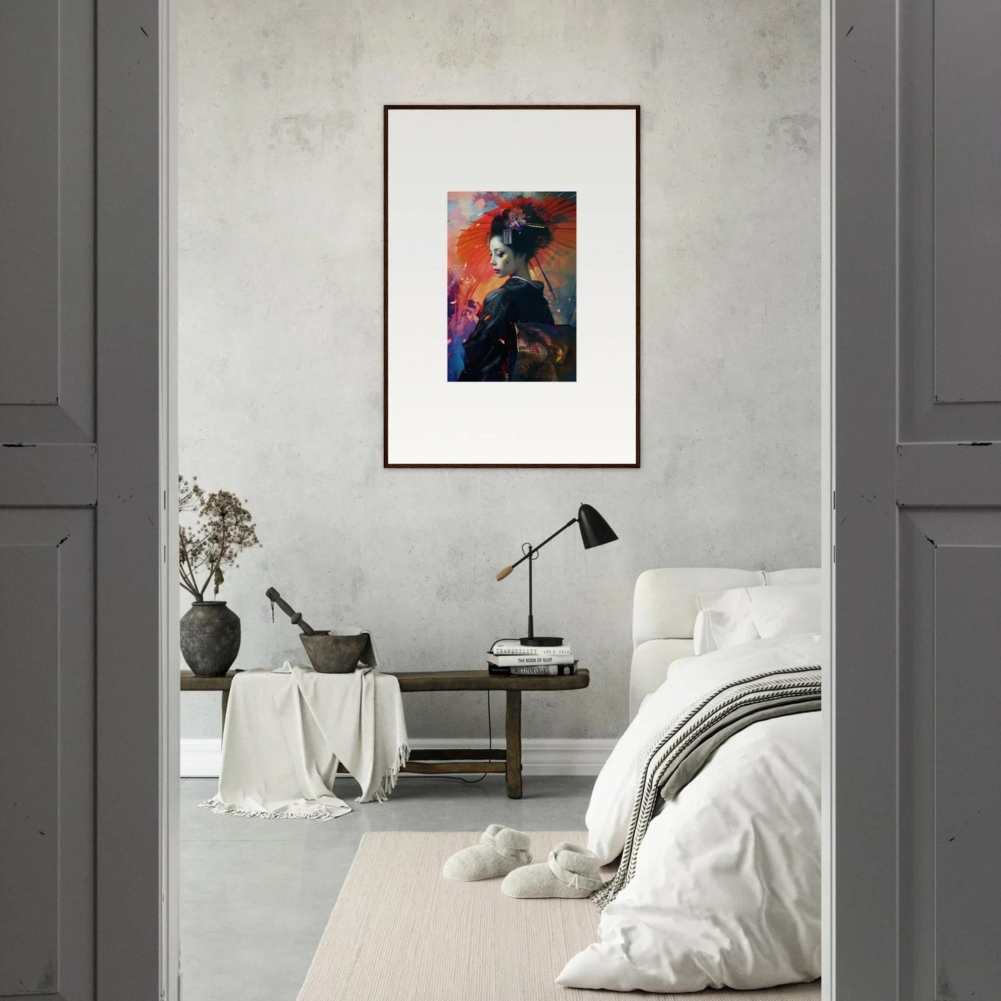 Framed portrait painting of a person in a hat for unique room decoration with Umbrella Dreams