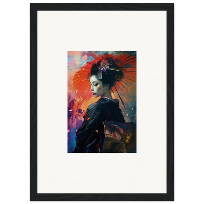 Framed canvas print of a geisha with a red parasol for vibrant room decoration