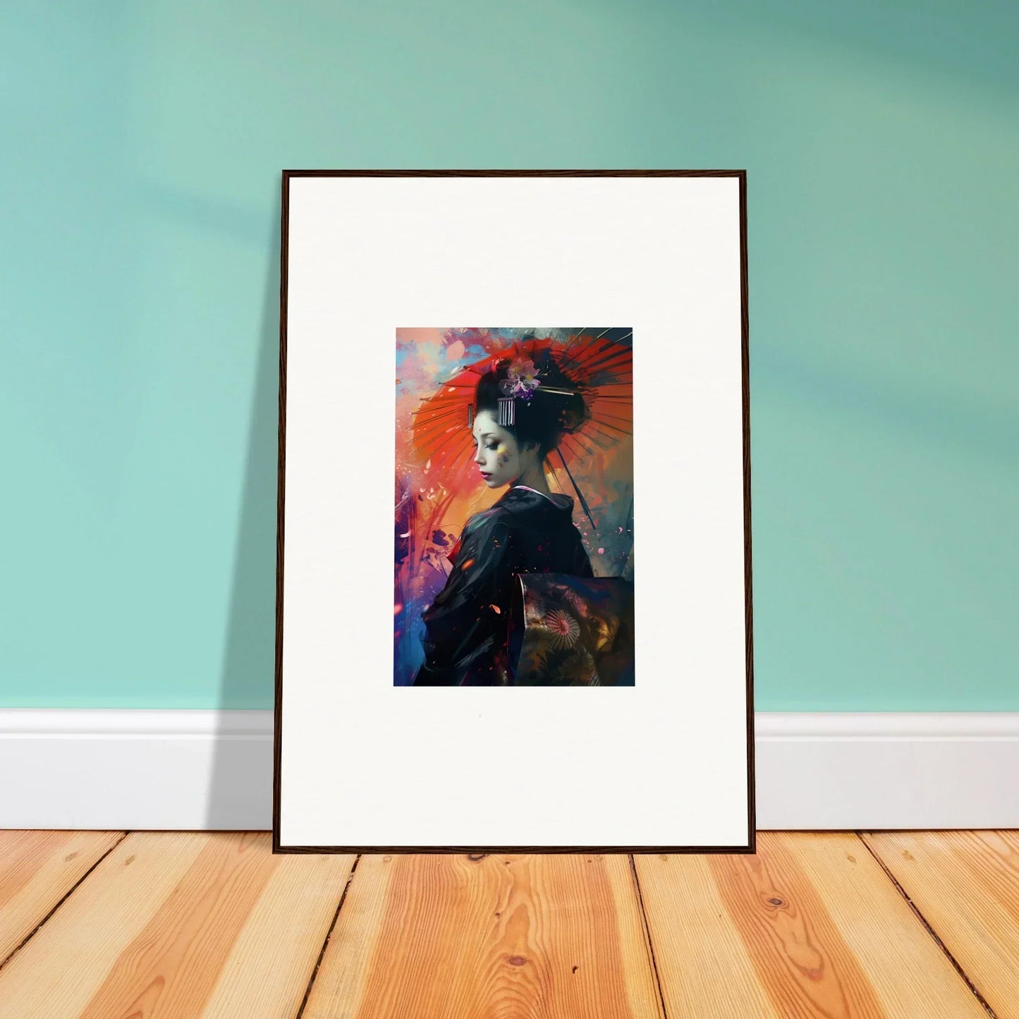 Framed canvas print of vibrant Umbrella Dreams portrait perfect for room decoration