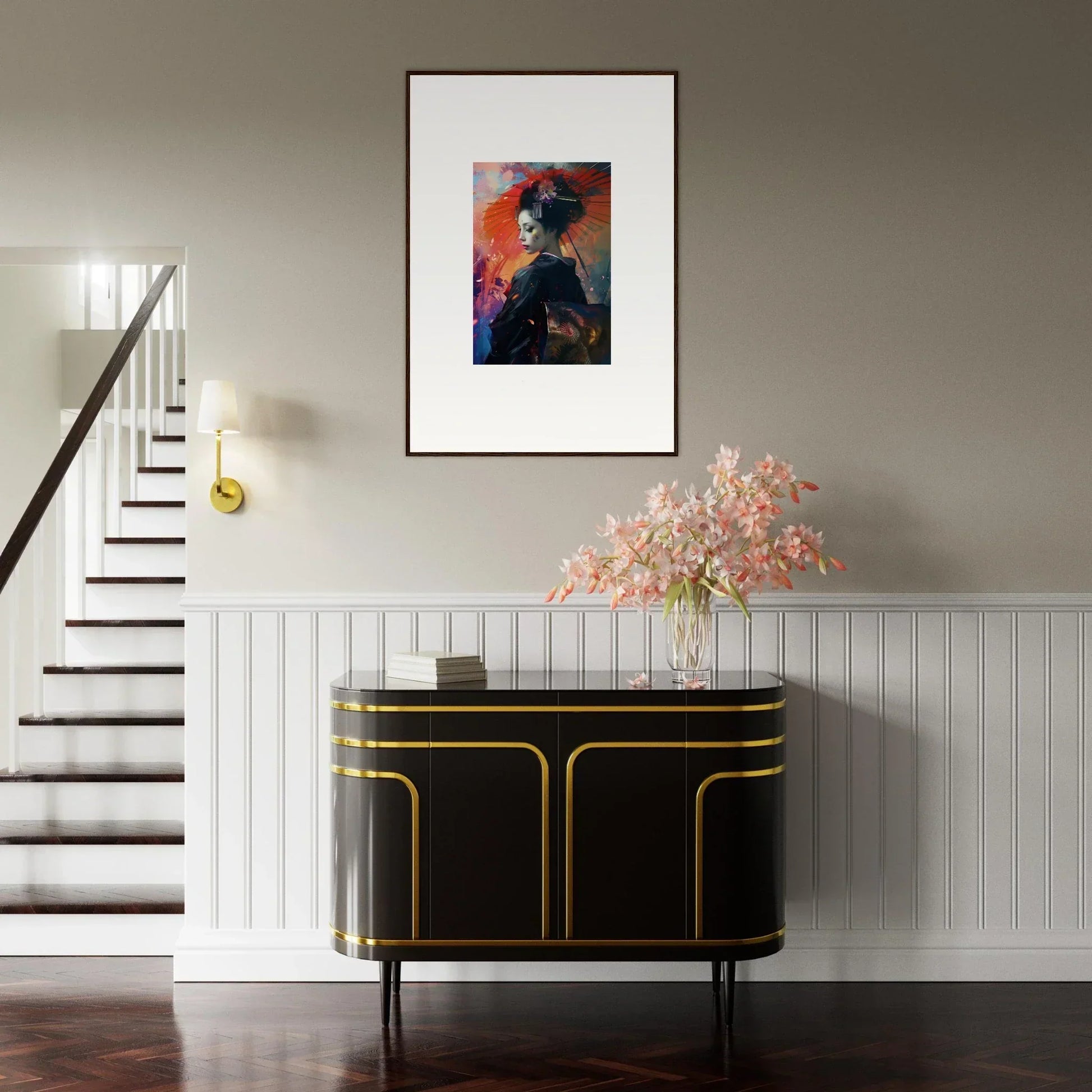 Elegant entryway with a black and gold console table, floral arrangement, and Umbrella Dreams canvas print