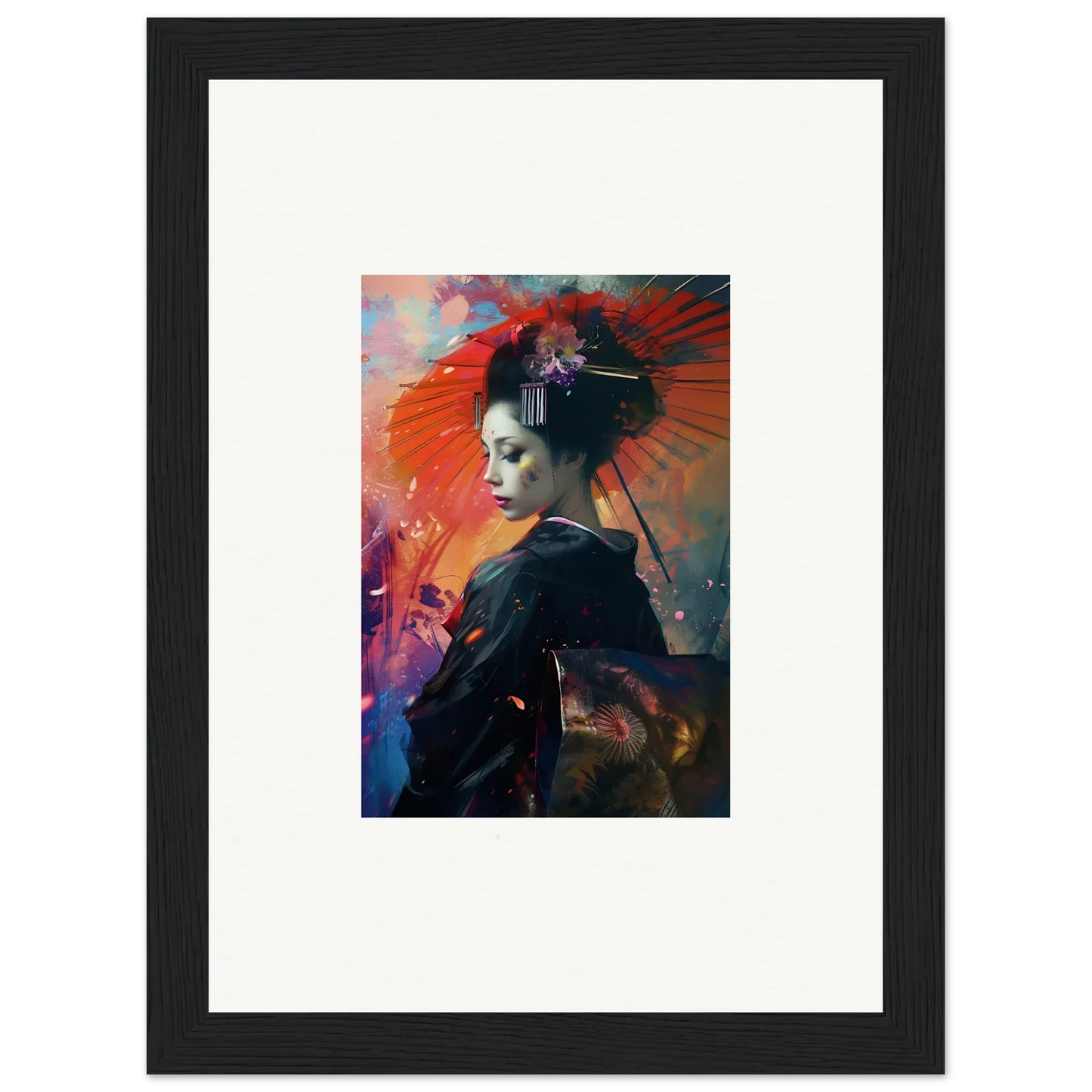 Colorful geisha portrait with umbrella, perfect for room decoration and canvas print