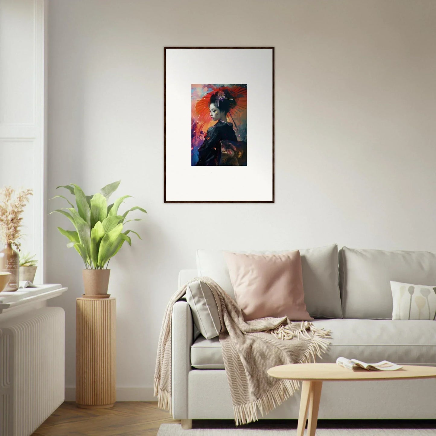 Framed canvas print of a figure in a hat, perfect for room decoration and umbrella dreams