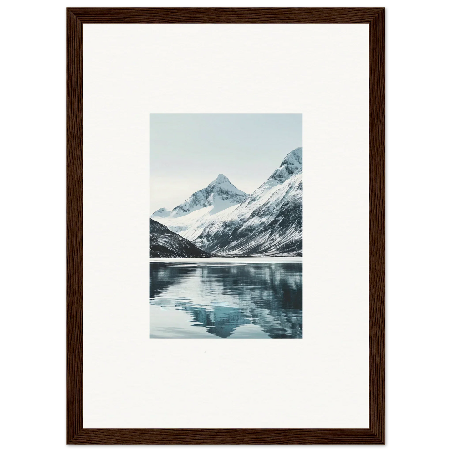 Framed photograph of alpine echoes with snow-capped mountains and calm lake