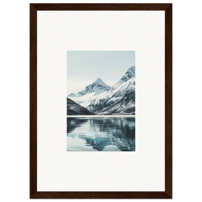 Framed photograph of alpine echoes with snow-capped mountains and calm lake