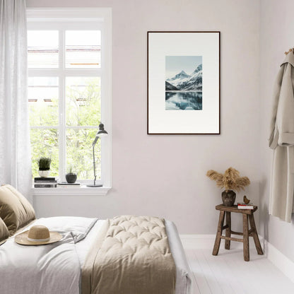 Cozy bedroom featuring a framed Alpine Echoes canvas print on the wall for room decoration