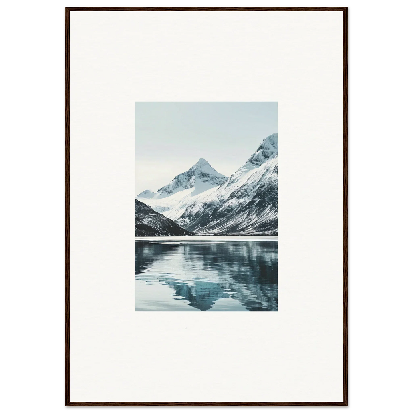 Framed canvas print of alpine echoes with snow-capped mountains in calm lake