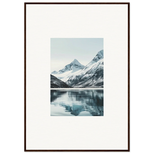 Framed canvas print of alpine echoes with snow-capped mountains in calm lake