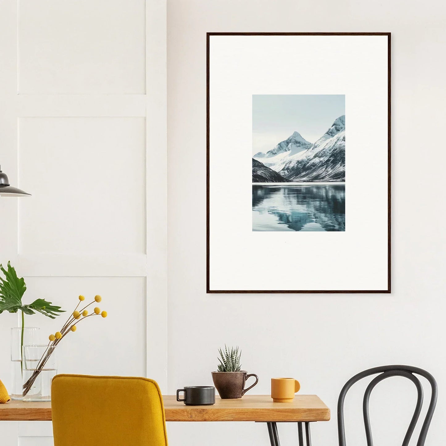 Framed canvas print of Alpine Echoes with snow-capped mountains and a tranquil lake