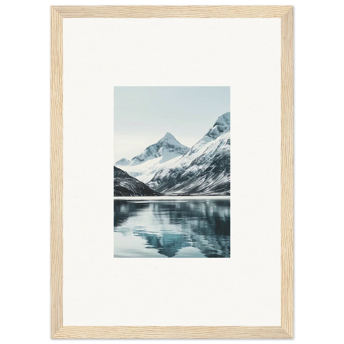 Framed canvas print of alpine echoes, showcasing snow-capped mountains and lake reflection