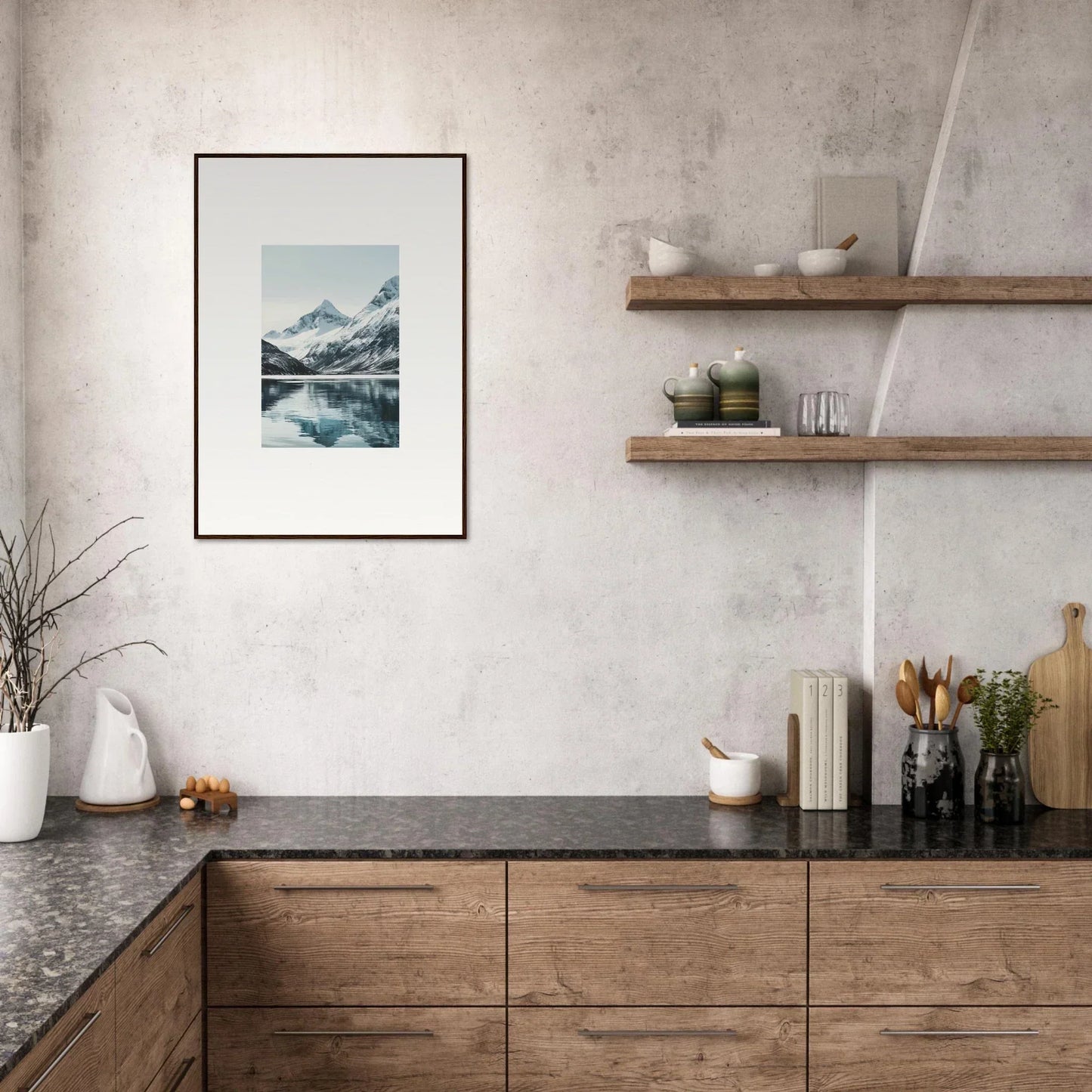 Kitchen with wooden cabinets, dark countertop, and Alpine Echoes canvas print