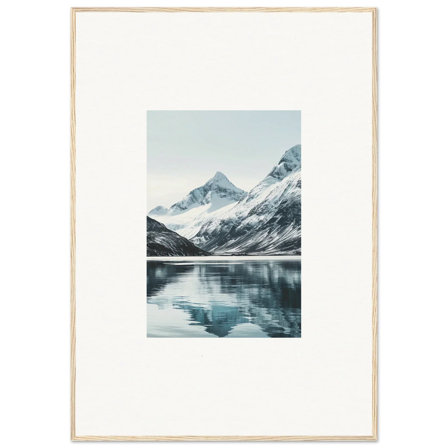 Framed canvas print of Alpine Echoes with snow-capped mountains and lake for room decoration