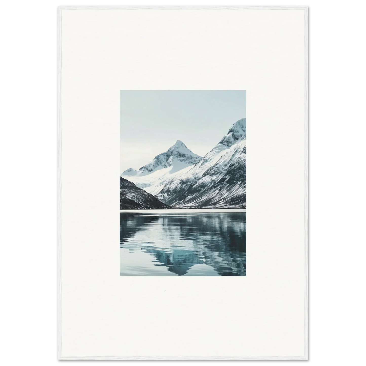 Snowy mountain peaks reflecting in a calm lake for cool alpine echoes room decoration