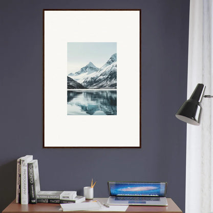 Framed canvas print of alpine echoes with snow-capped mountains and lake reflection