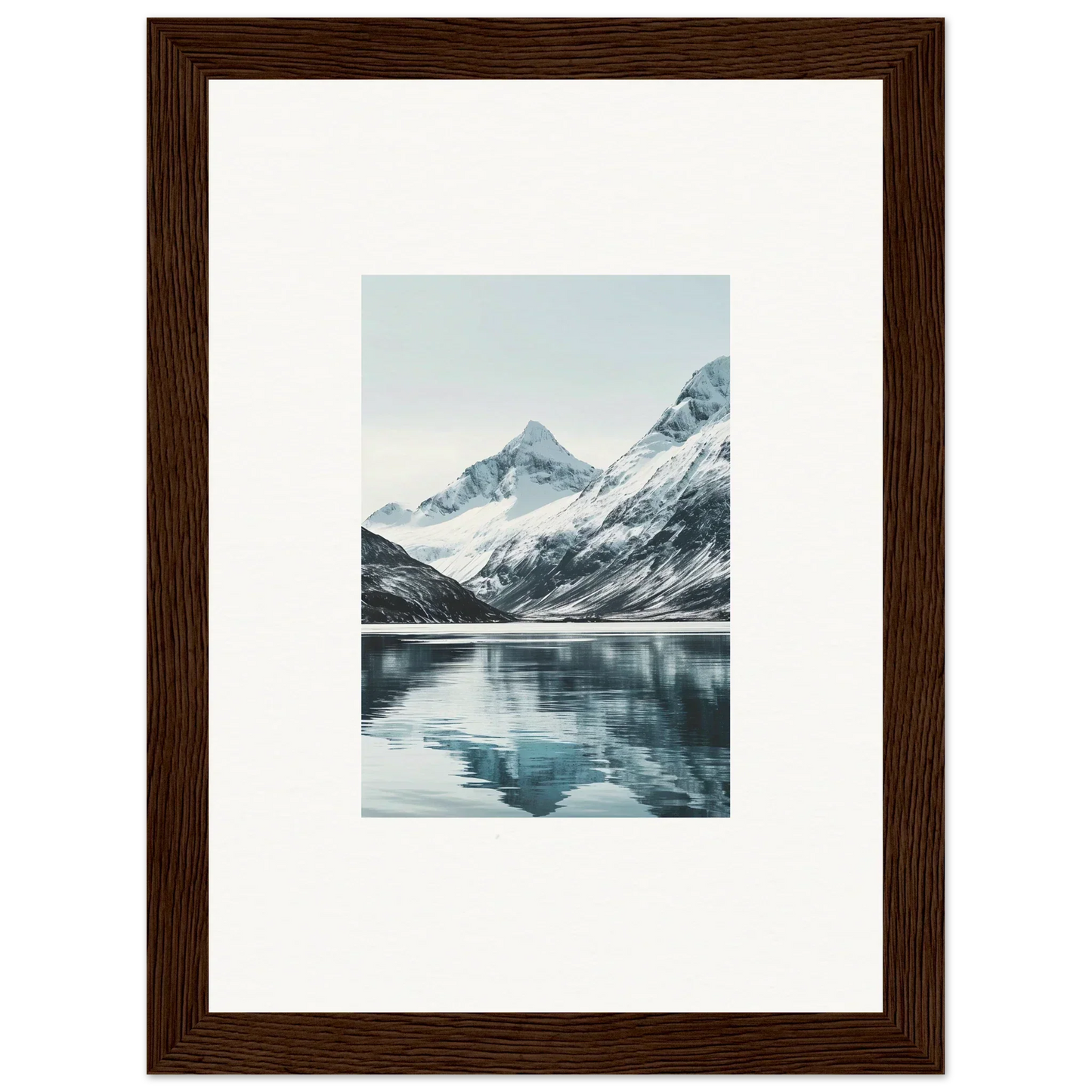 Framed canvas print of alpine echoes reflecting in a tranquil mountain lake