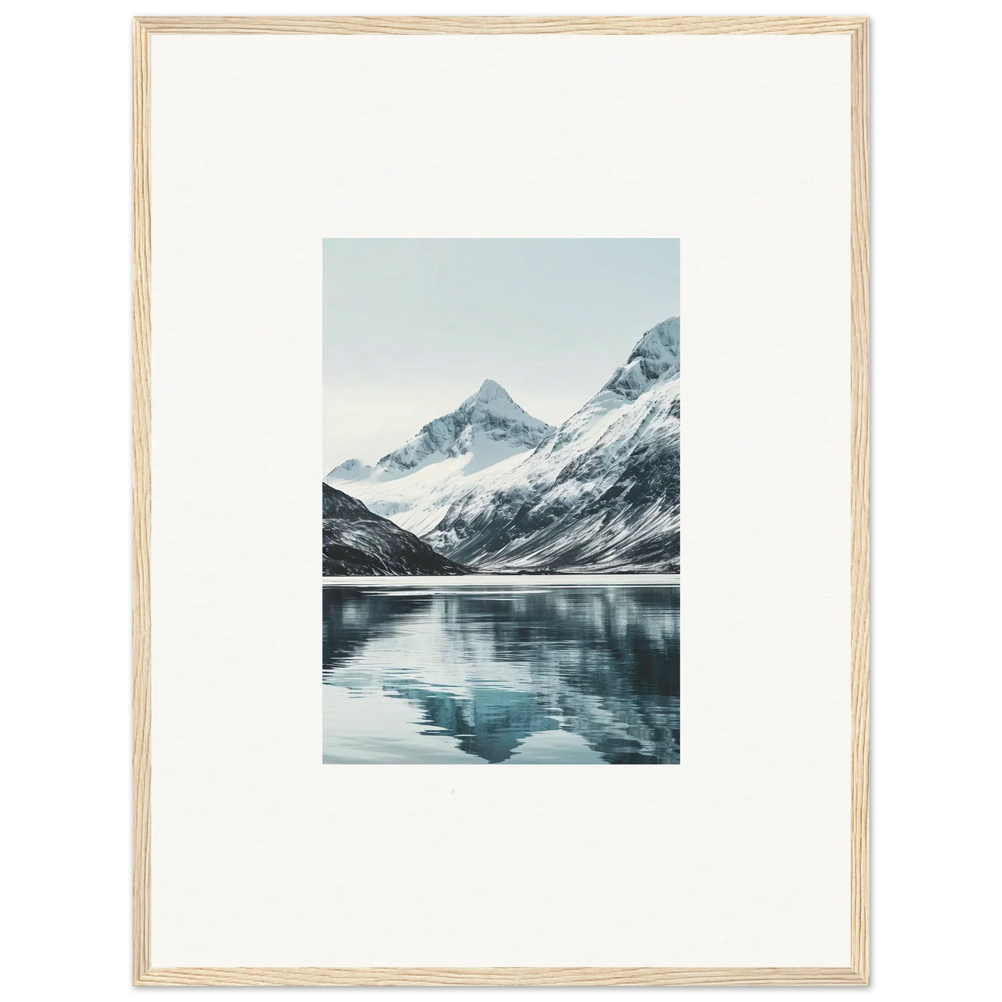 Framed canvas print of alpine echoes with snow-capped mountains reflecting in a lake