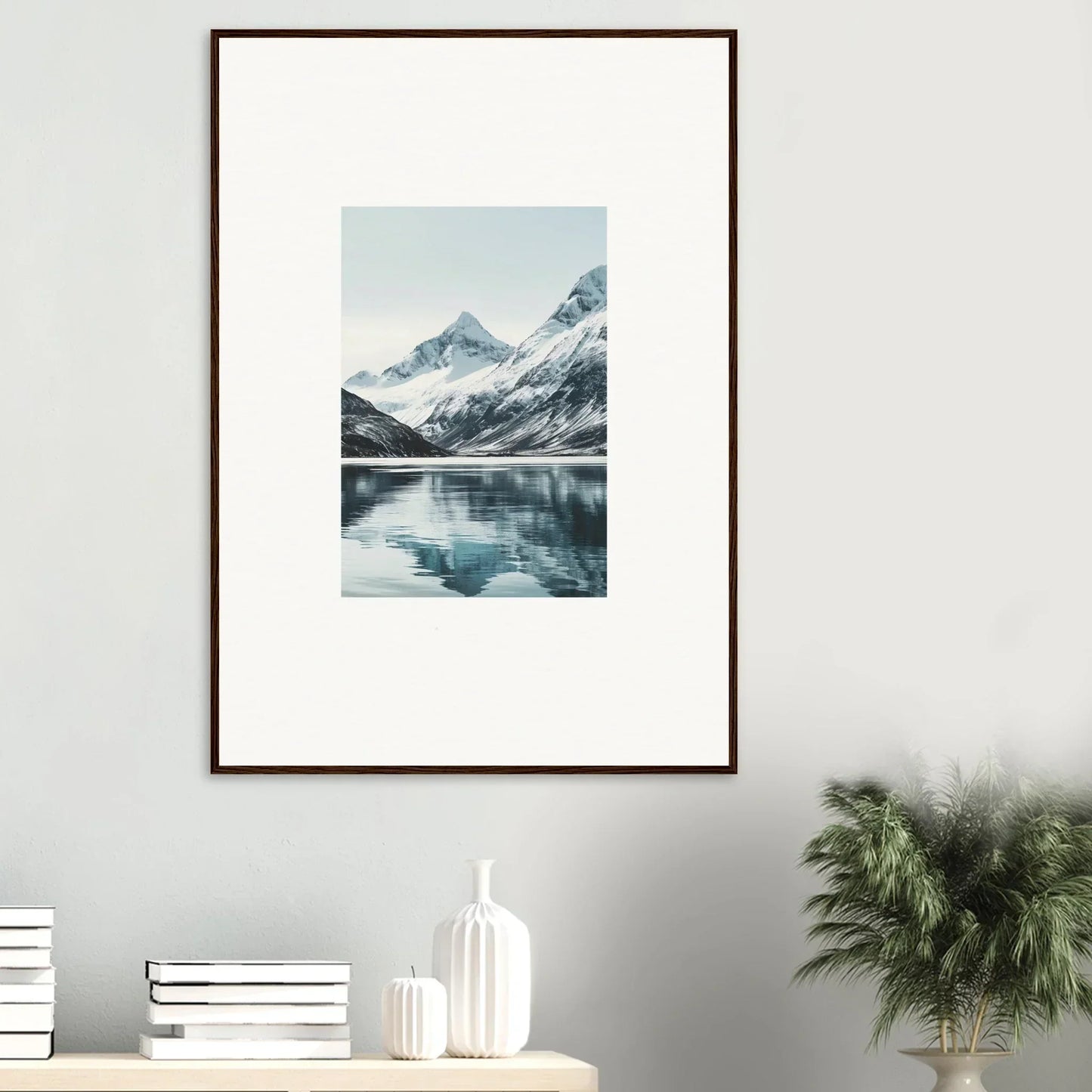 Framed canvas print of serene alpine echoes reflecting in a calm lake for room decoration