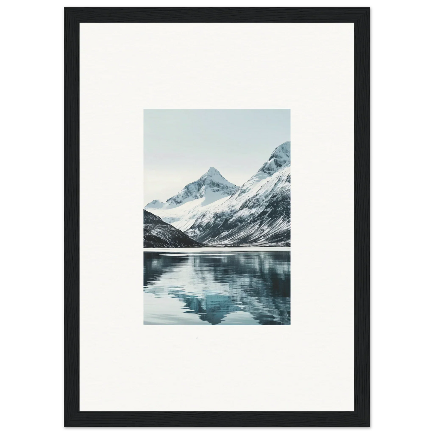 Framed photograph of snow-capped mountains and calm lake for stunning room decoration