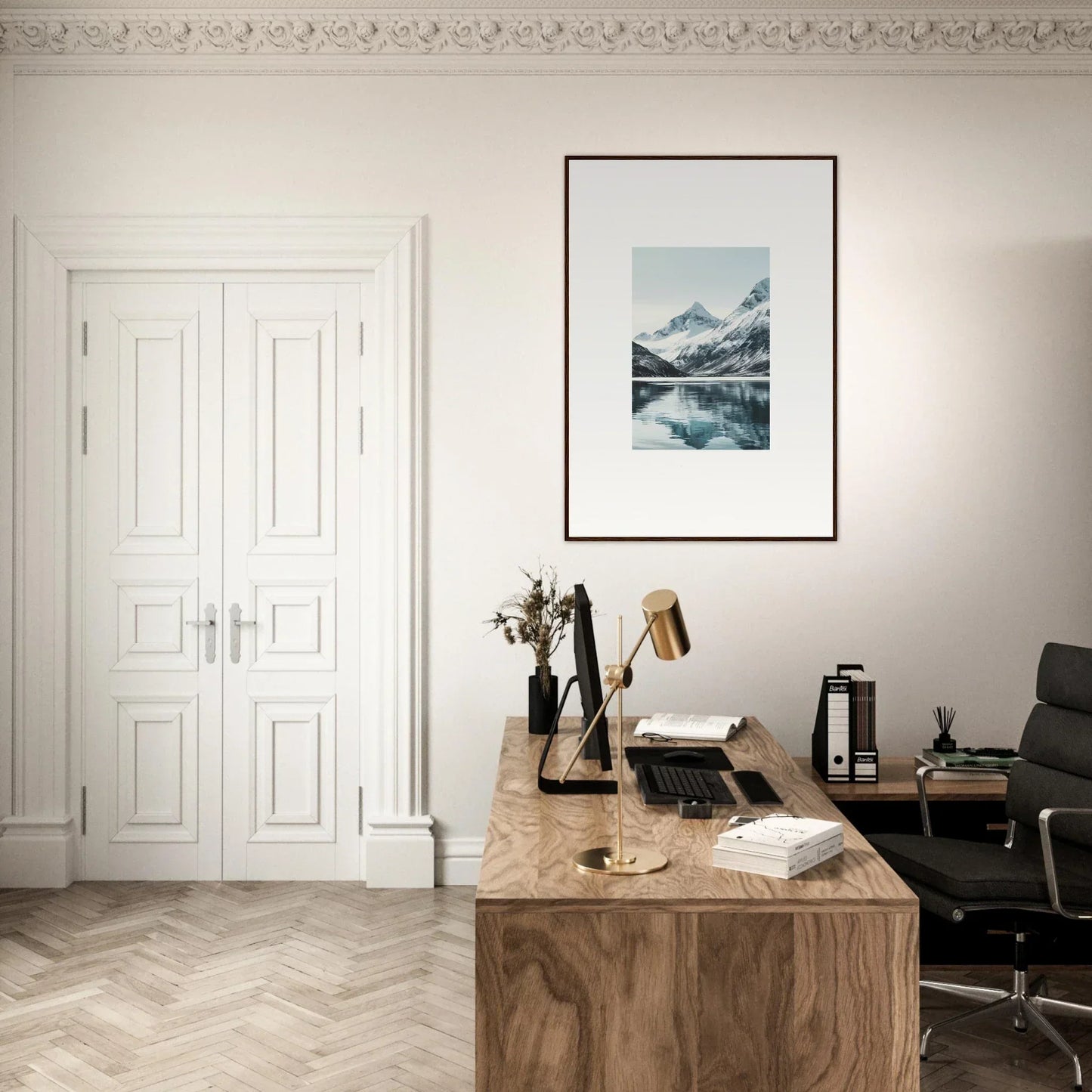 Wooden desk with typewriter and accessories, perfect for alpine echoes room decoration