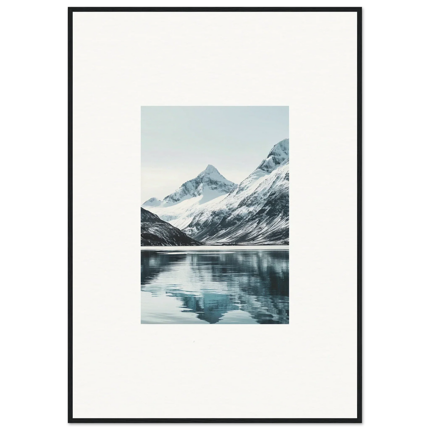 Framed Canvas Print of Alpine Echoes with Snow-Capped Mountains Reflected in a Lake