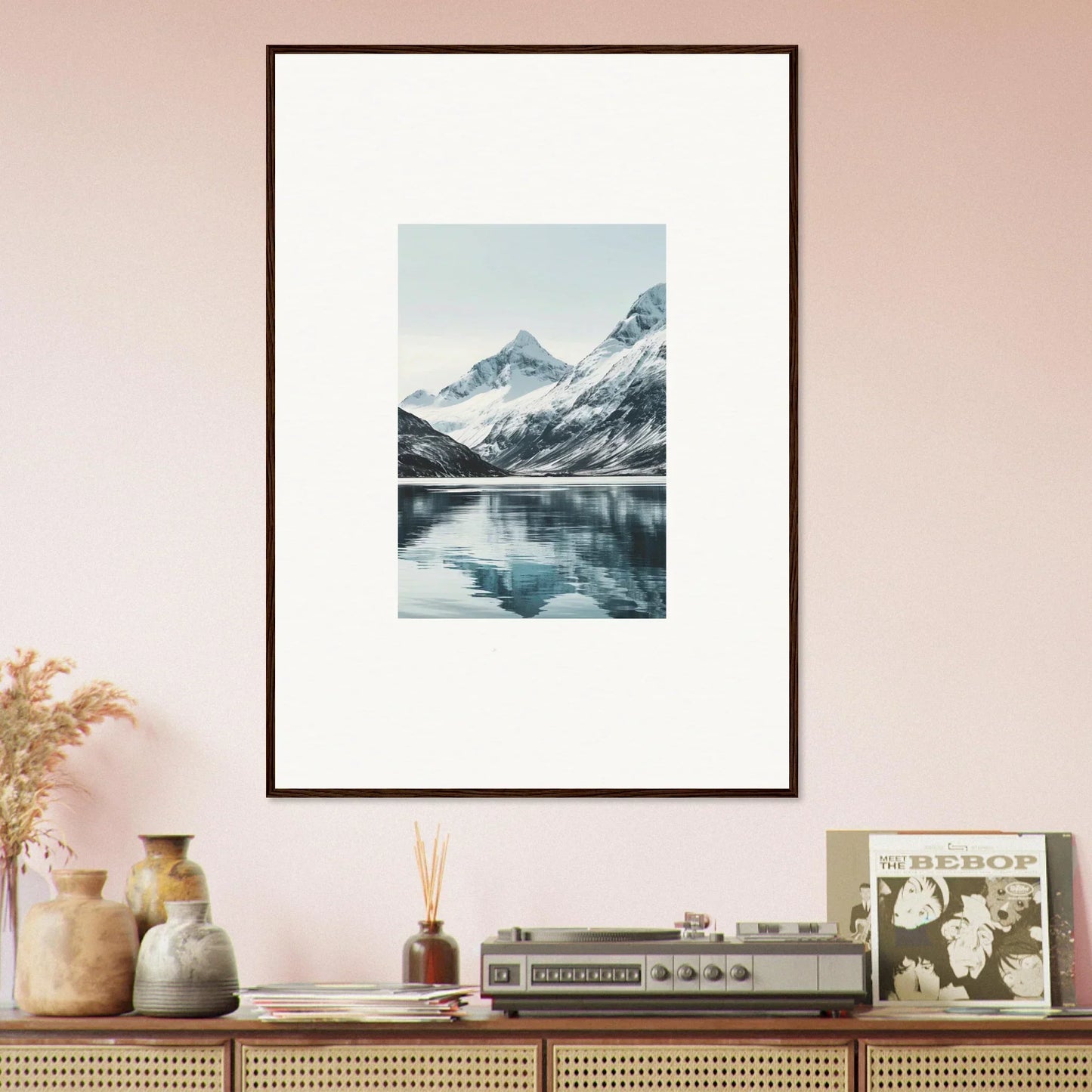 Framed canvas print of Alpine Echoes with a mountain reflecting in a tranquil lake