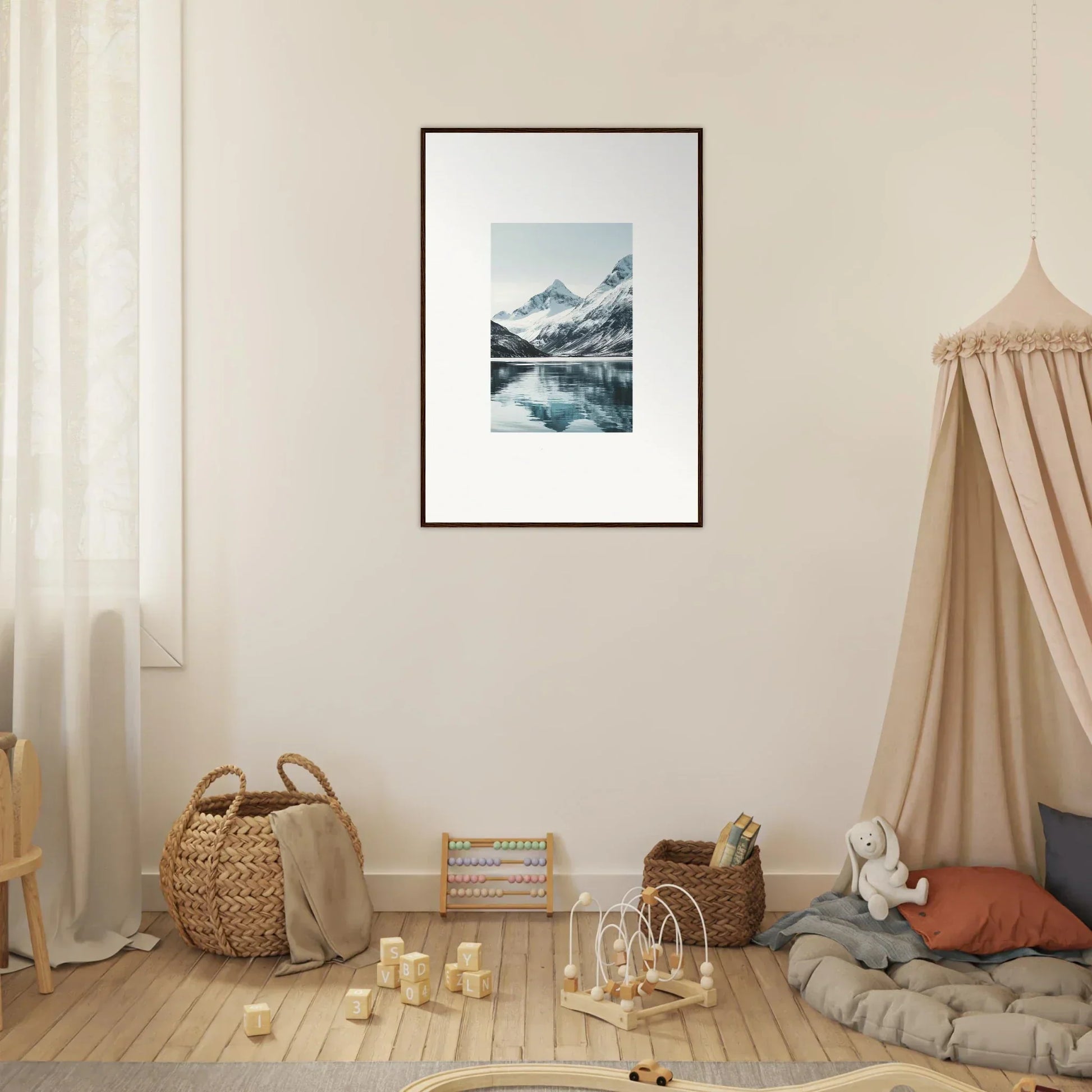 Framed canvas print of Reflective Alpine Echoes showcasing a snowy mountain lake