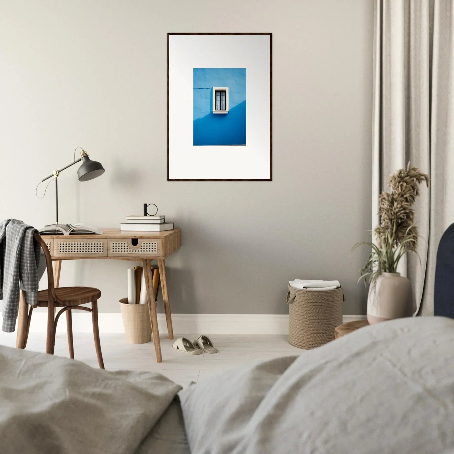 Framed photo of a white window on a bright blue wall from Reflective Cerulean Daydreams