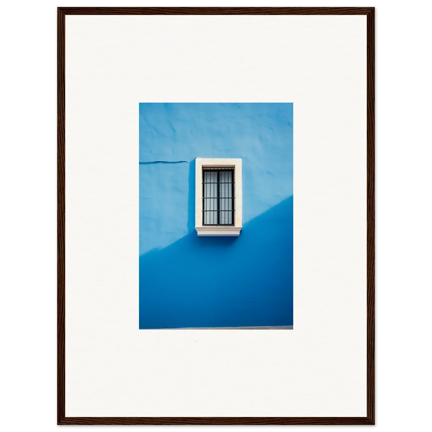 White-framed window with bars on a blue wall in Reflective Cerulean Daydreams art™