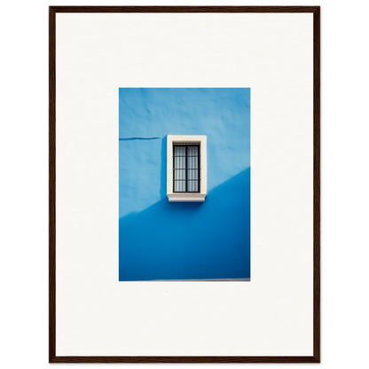 White-framed window with bars on a blue wall in Reflective Cerulean Daydreams art™