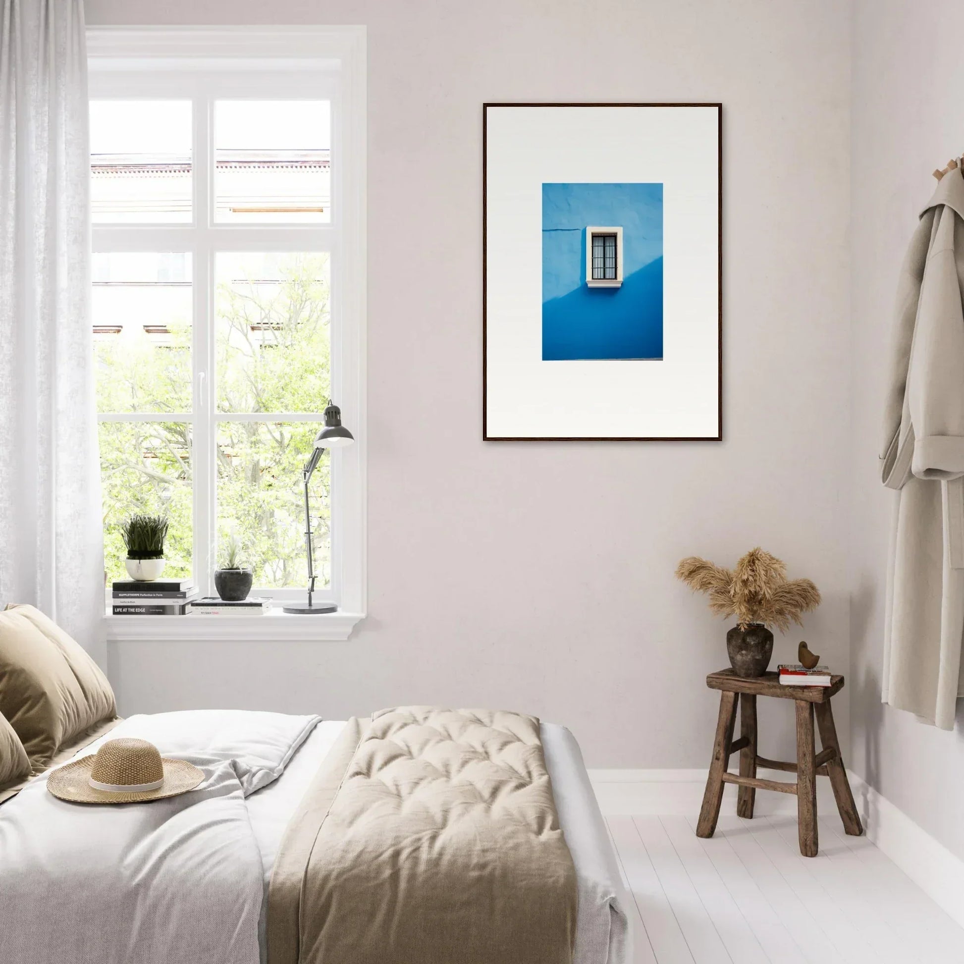 Minimalist bedroom featuring Reflective Cerulean Daydreams art and neutral tones