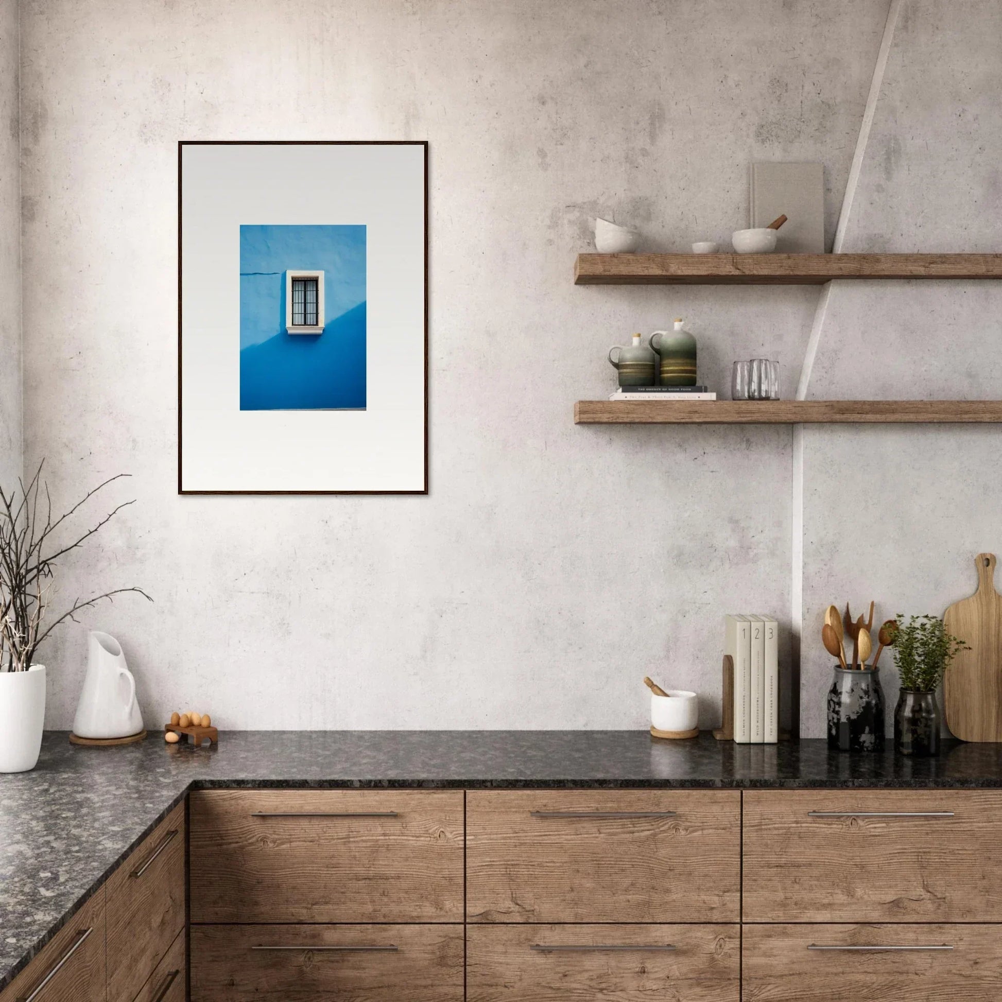 Framed photograph of a white window on a cerulean wall from Reflective Cerulean Daydreams