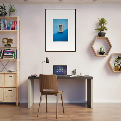 Modern home office with dark desk and wooden chair inspired by Reflective Cerulean Daydreams