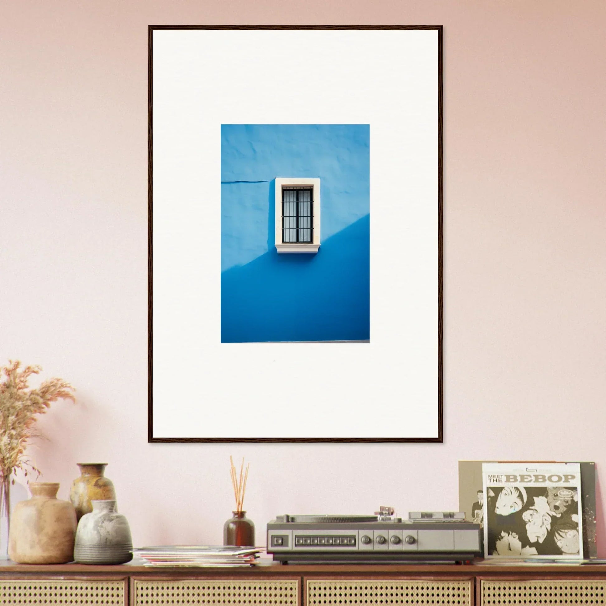 Framed minimalist photograph of a white window on a bright blue wall from Reflective Cerulean Daydreams