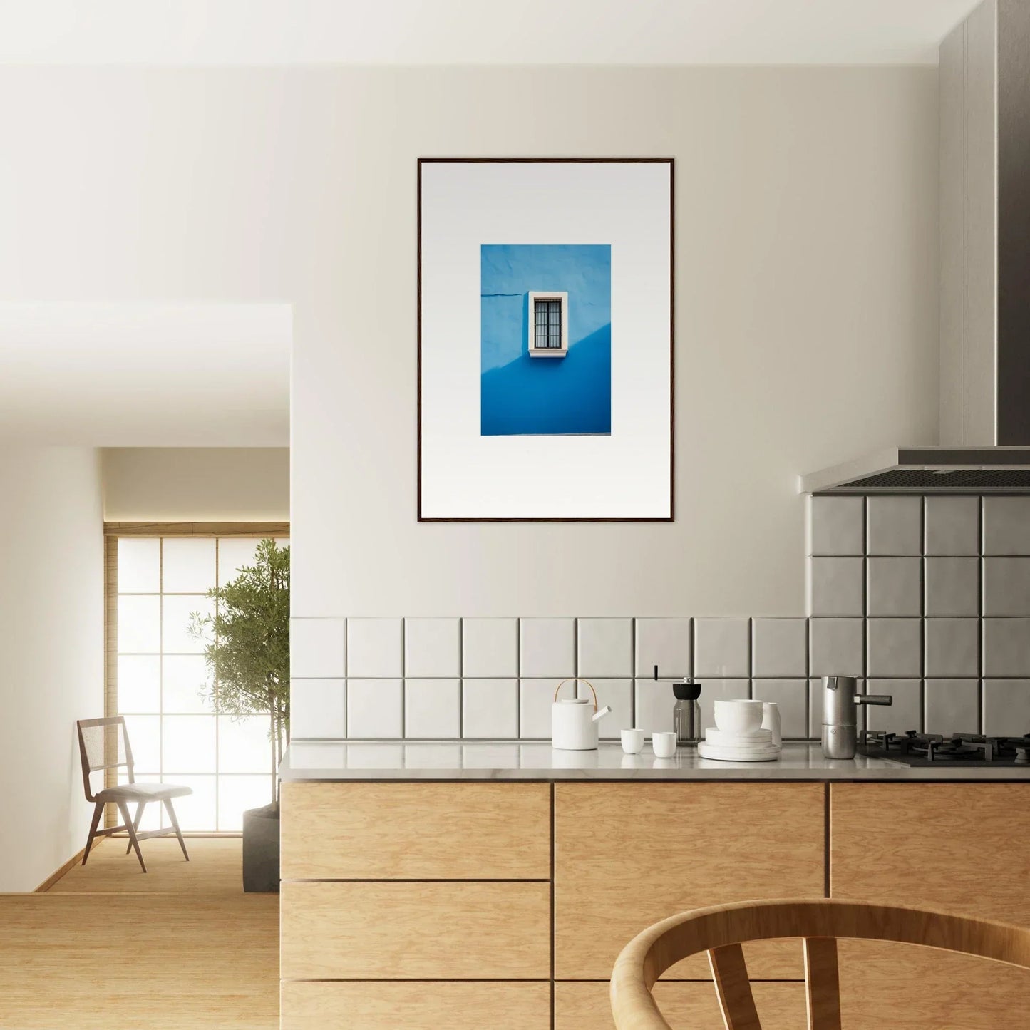 Framed art of a blue wall with a window, showcasing Reflective Cerulean Daydreams