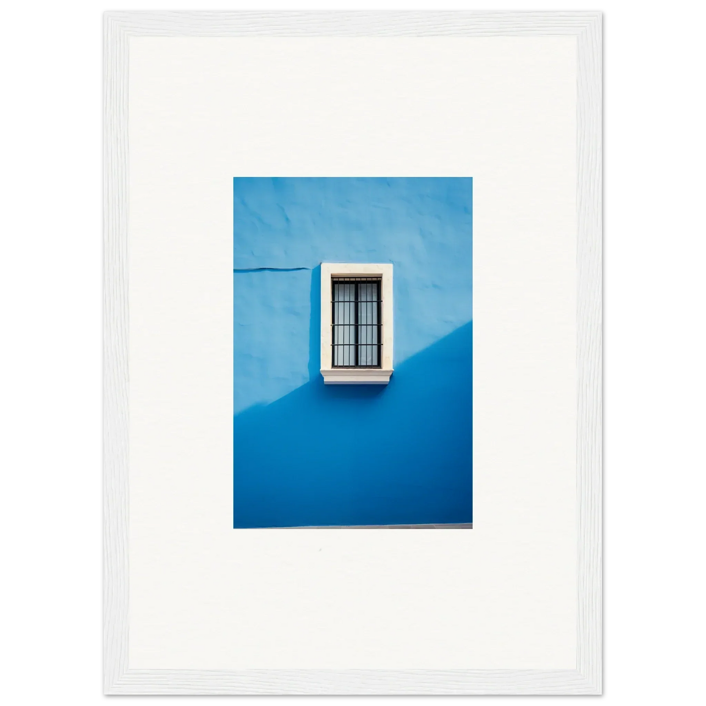 White-framed window with bars on a blue wall in Reflective Cerulean Daydreams art