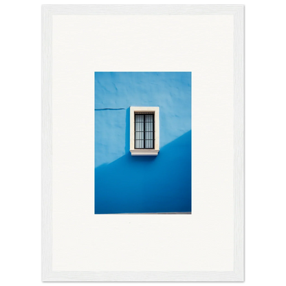 White-framed window with bars on a blue wall in Reflective Cerulean Daydreams art