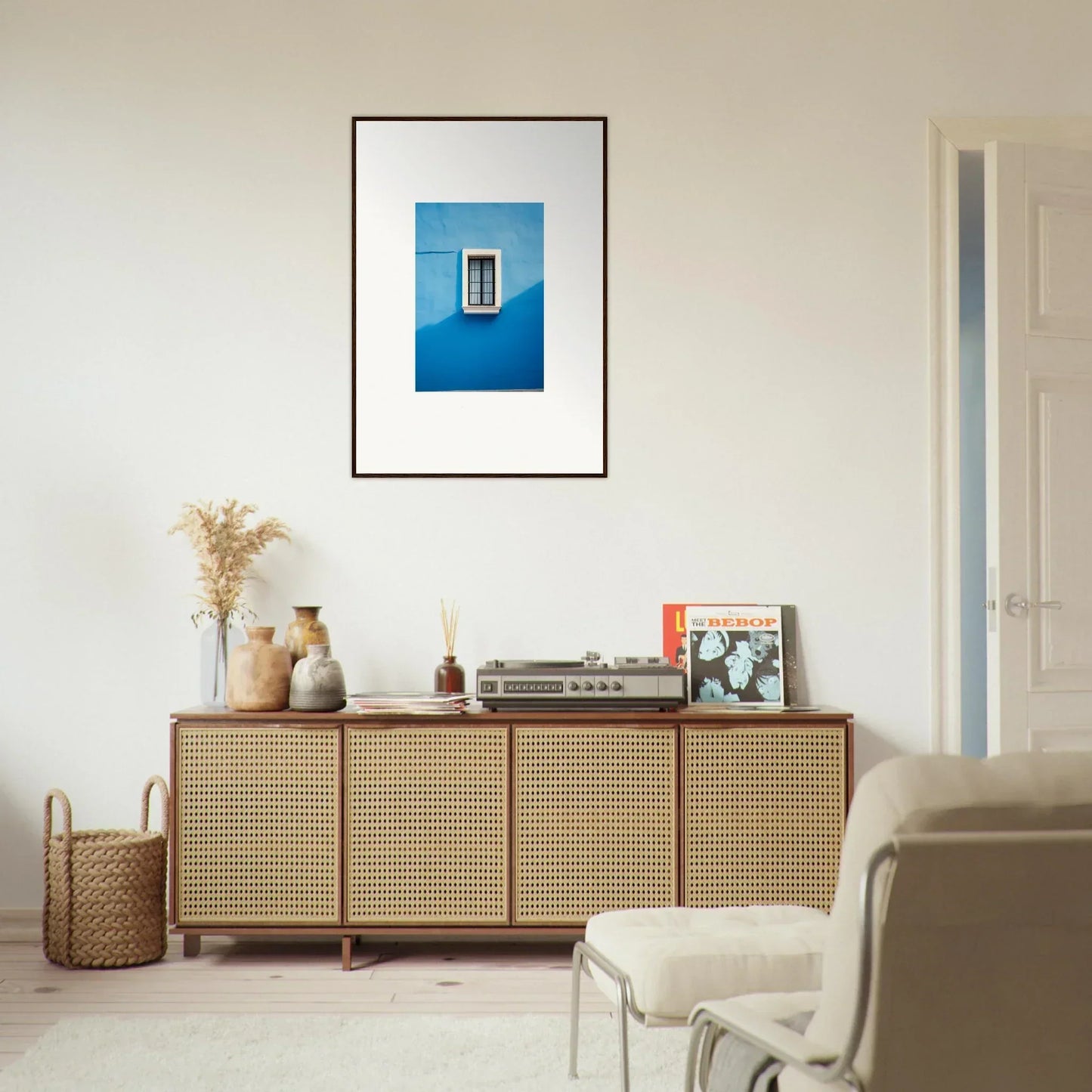 Rattan-fronted wooden credenza with four doors from Reflective Cerulean Daydreams collection